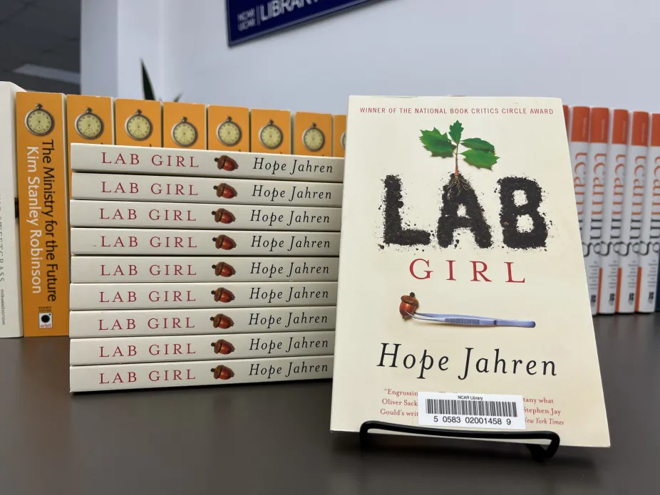 Stack of books: "Lab Girl" by Hope Jahren