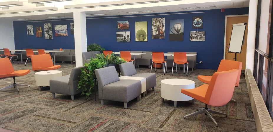 Library seating and artistic archival wall
